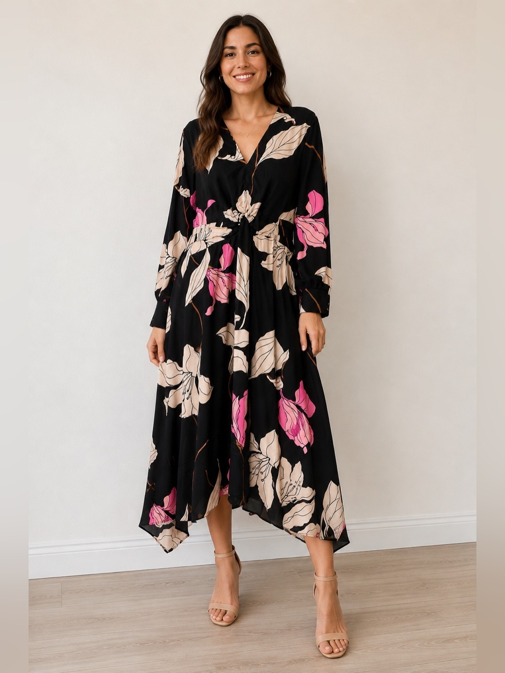 Black Floral Midi Dress with Pink & Cream Blooms by